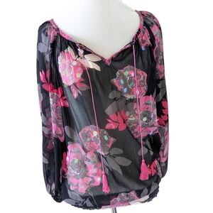 INC International Geranium Storm Top Sz 2 Sheer Sequin Beaded Floral Peasant S